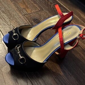Women's designer Black and Red Peep-Toe platform Heels. Size 9